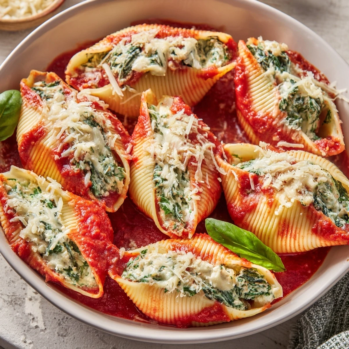 Baked Christmas stuffed pasta topped with fresh basil and melted mozzarella cheese