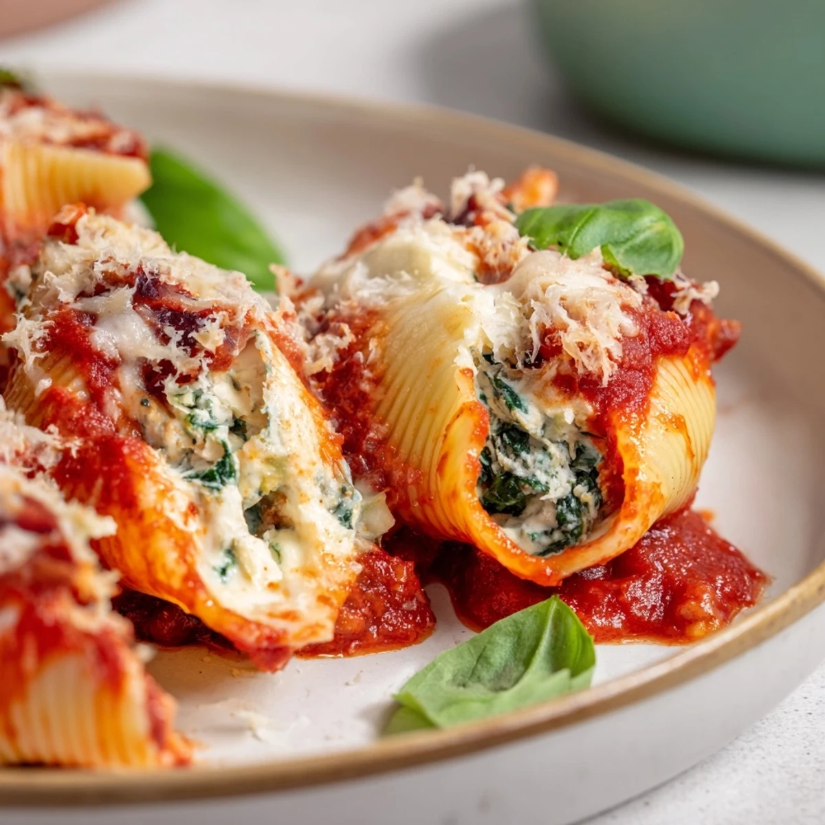 Festive Christmas stuffed pasta shells with red cranberries in a white baking dish