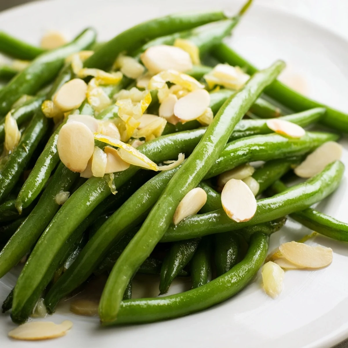 Sautéed fresh green beans with garlic in olive oil served on white plate