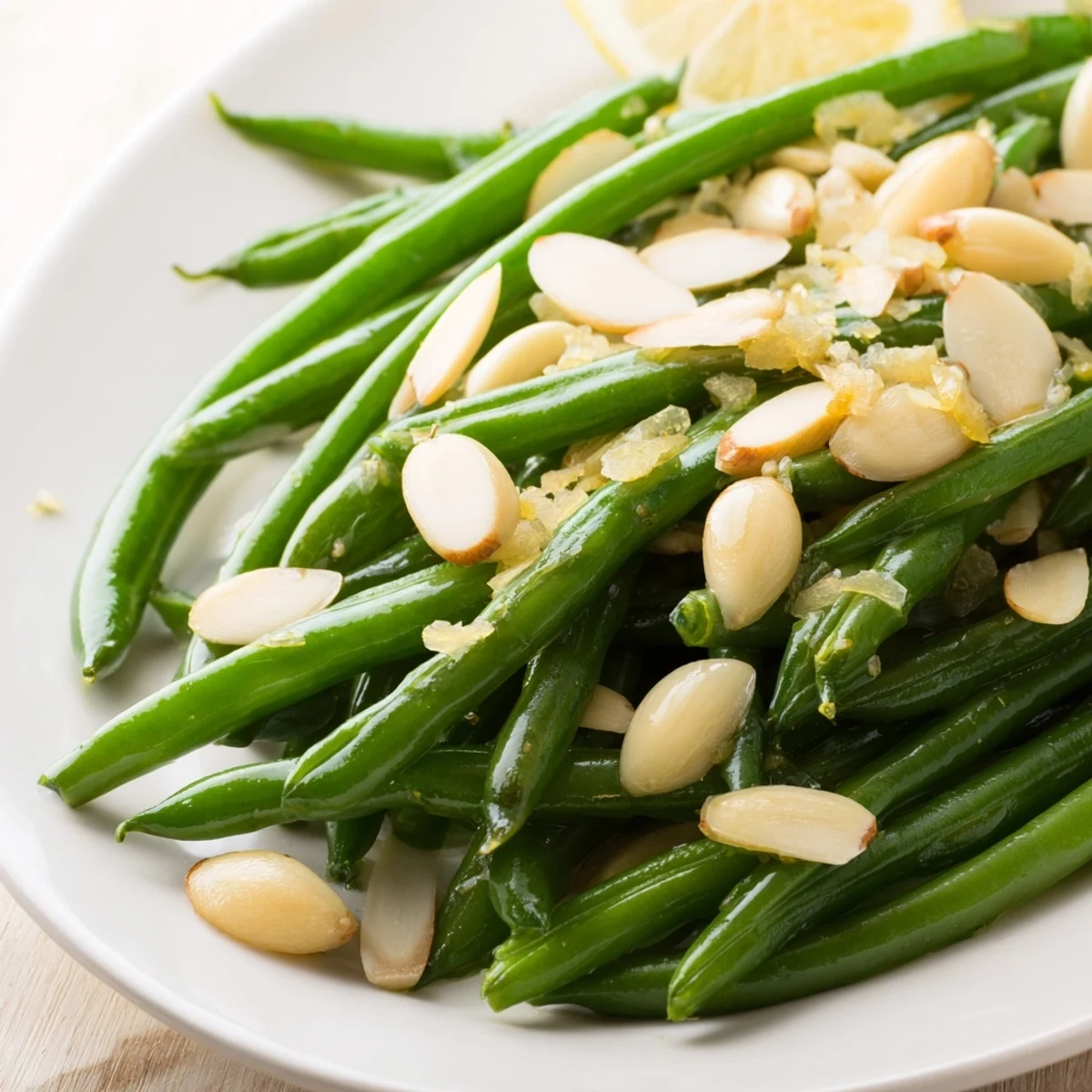 Crisp garlic green beans with toasted almonds garnish on rustic serving platter