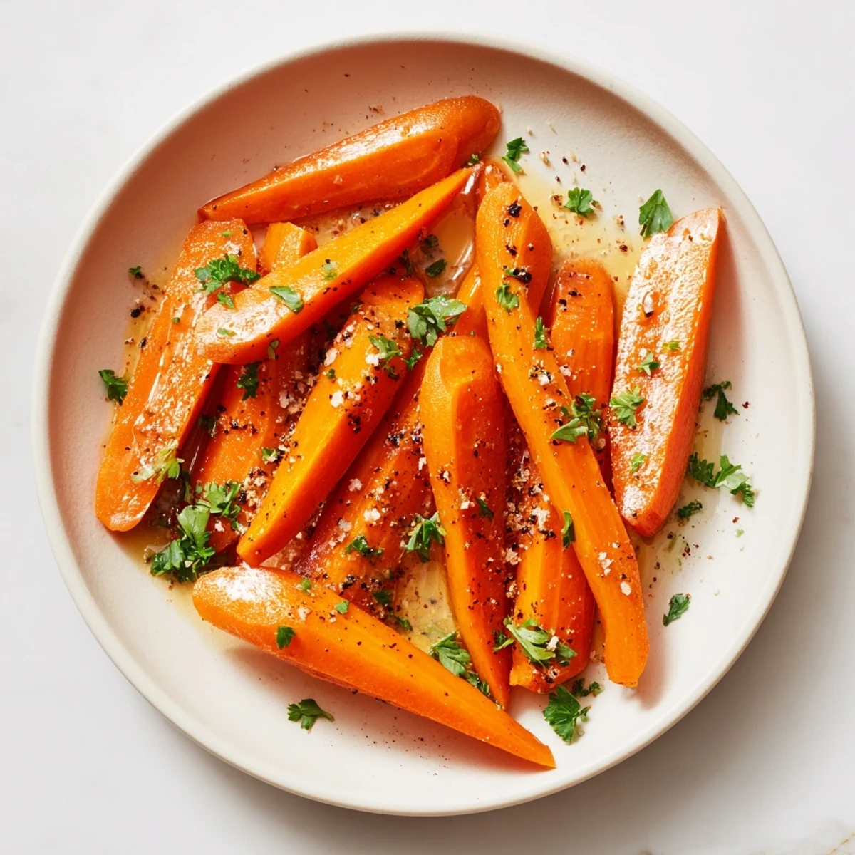 Tender roasted honey glazed carrots with glossy caramelized glaze and fresh parsley garnish