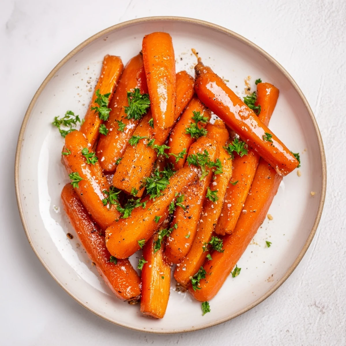 Golden honey glazed carrots glistening with sweet buttery coating on a white serving plate