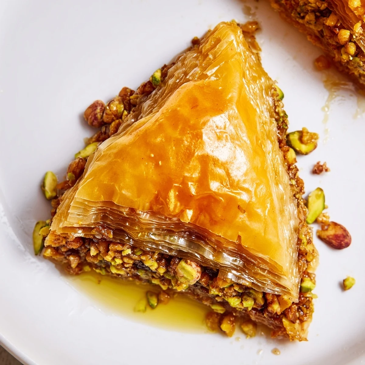 Golden baklava pastry layered with crushed nuts and drizzled with sweet honey syrup