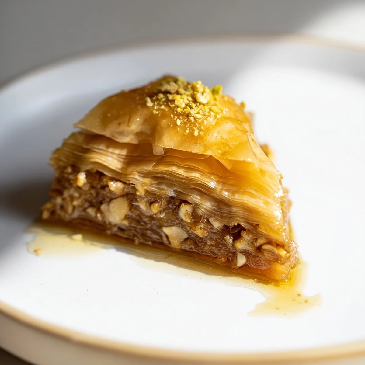 Flaky baklava dessert glistening with aromatic syrup alongside Turkish coffee cup