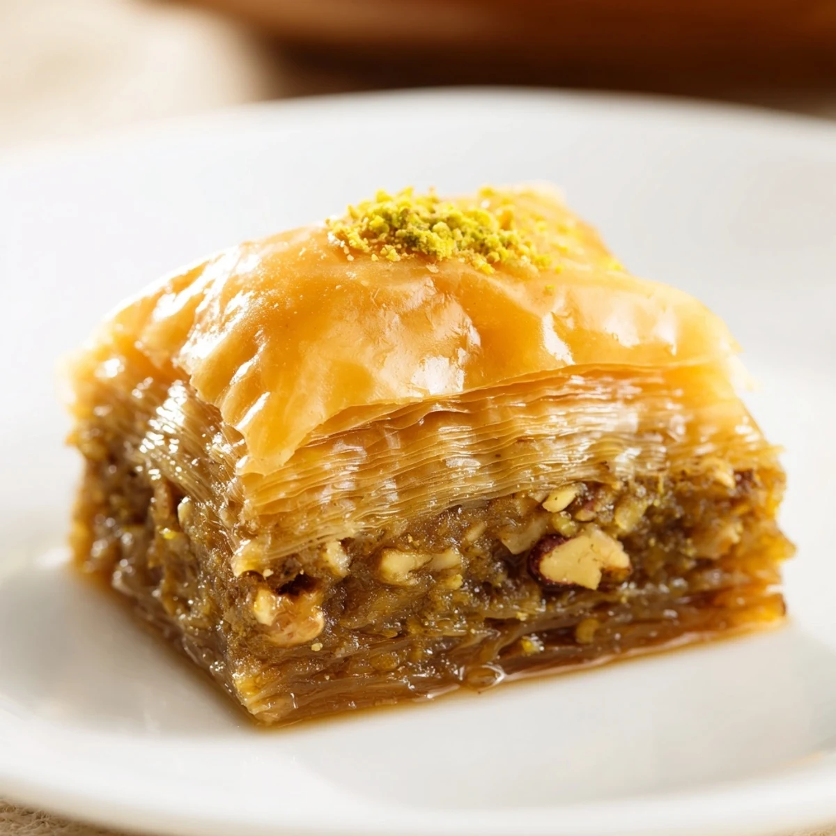 Crispy phyllo baklava squares sprinkled with pistachios on a wooden serving board