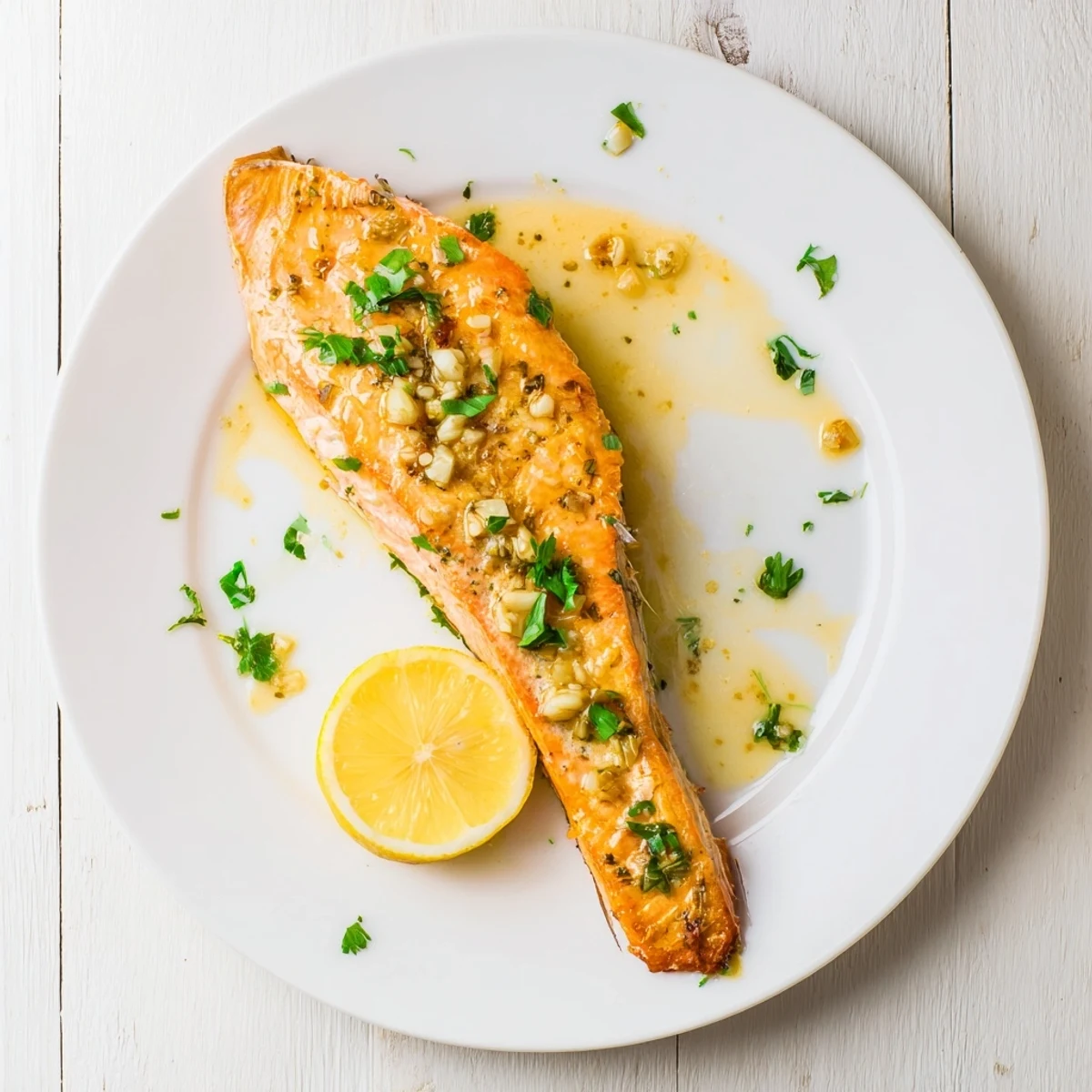 Golden pan seared salmon with garlic butter sauce served on a white plate