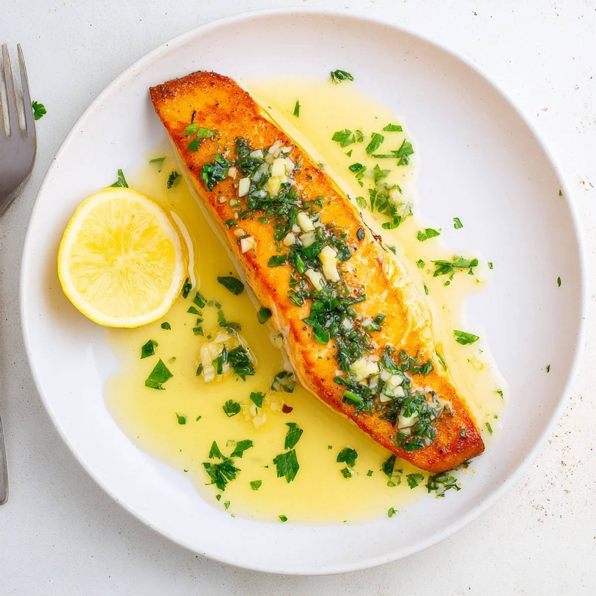 Crispy skin salmon fillets drizzled with melted garlic butter and fresh parsley garnish