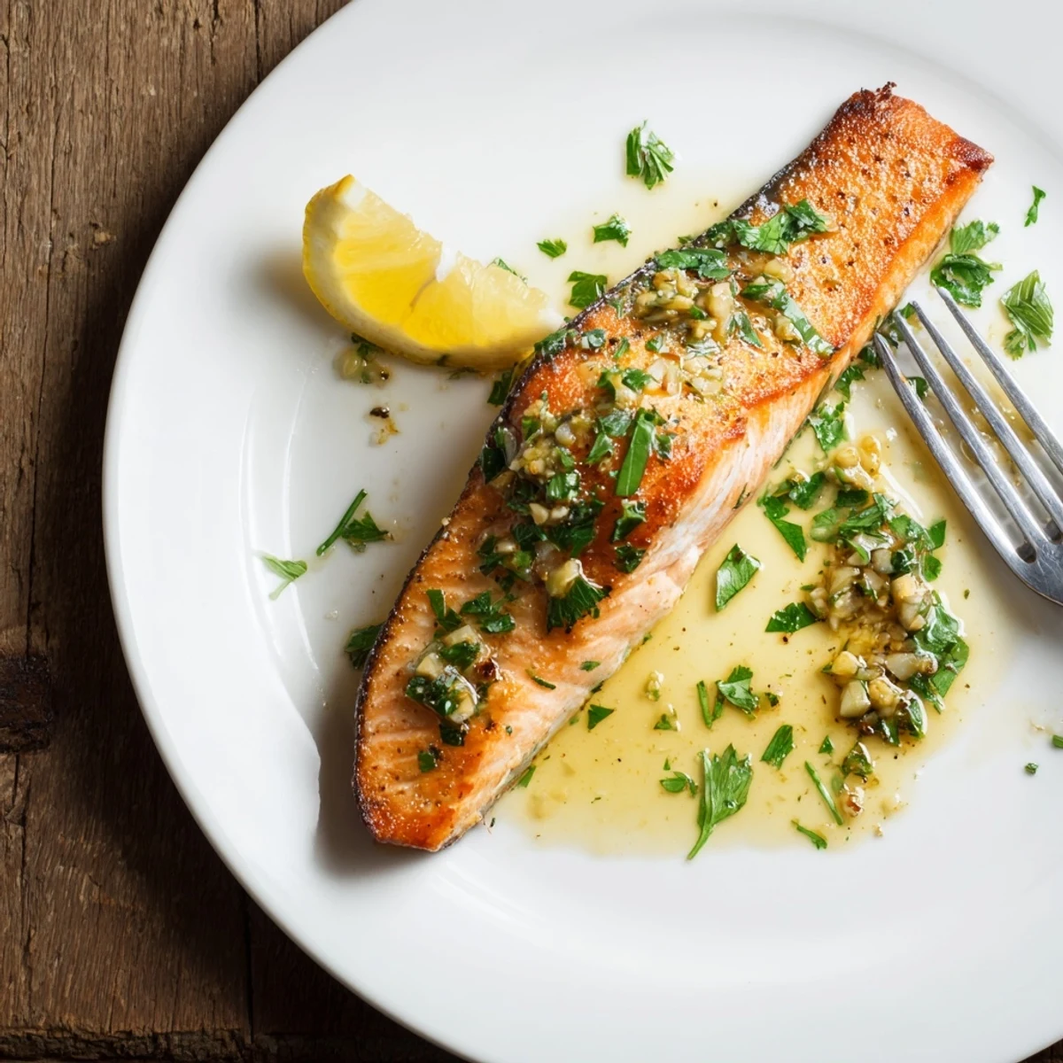 Restaurant quality pan seared salmon topped with luscious garlic butter and lemon wedges
