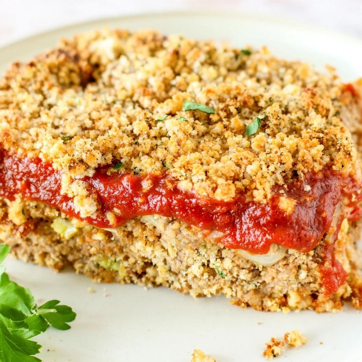Golden Parmesan crusted turkey meatloaf sliced to reveal juicy seasoned interior with fresh parsley garnish