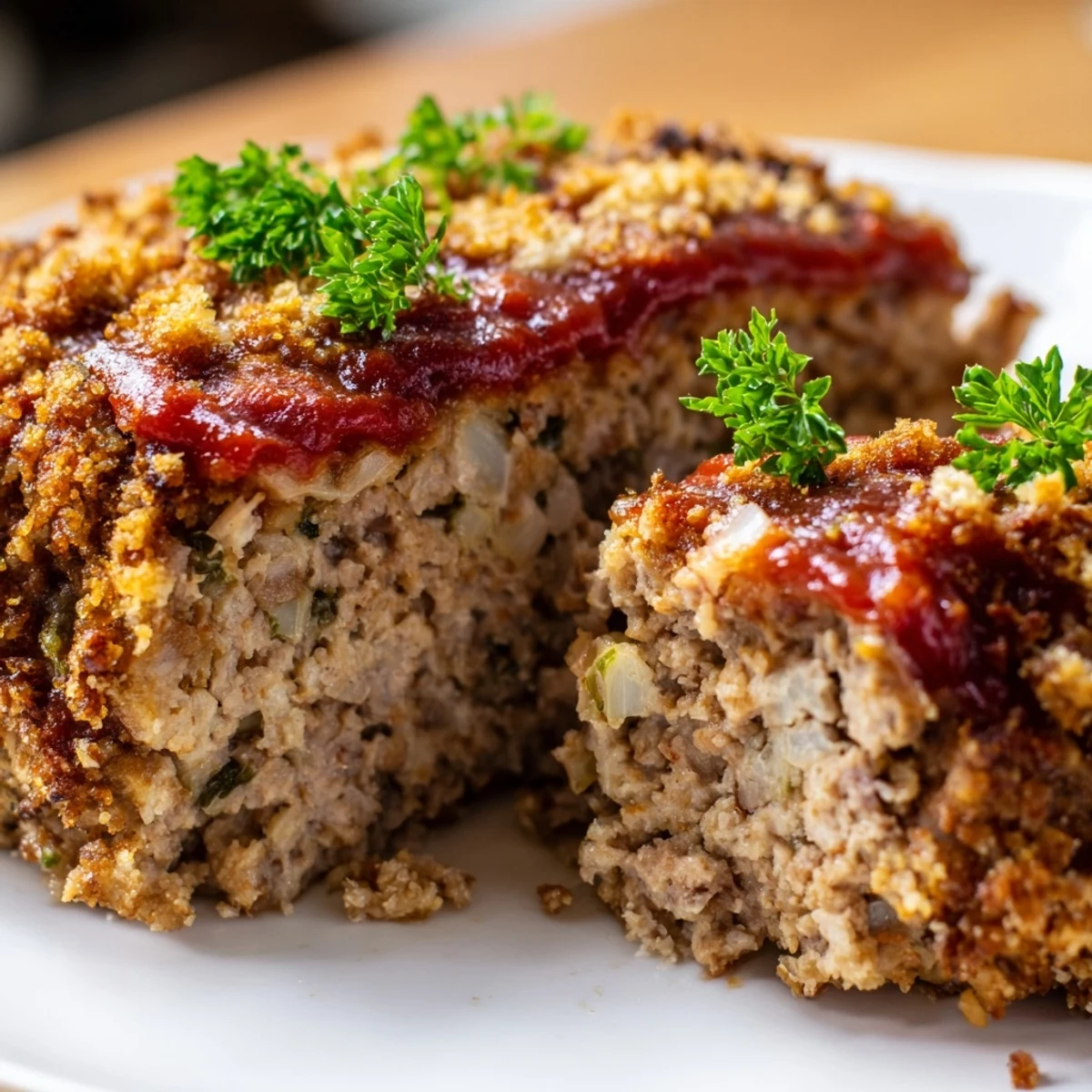 Crispy topped Parmesan turkey meatloaf served with roasted vegetables on white plate for hearty dinner