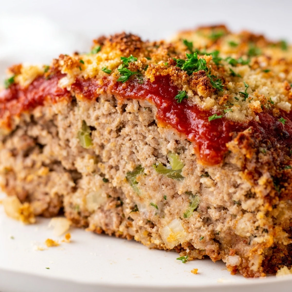 Savory Parmesan crusted turkey meatloaf resting on cutting board with ketchup glaze and melted cheese topping