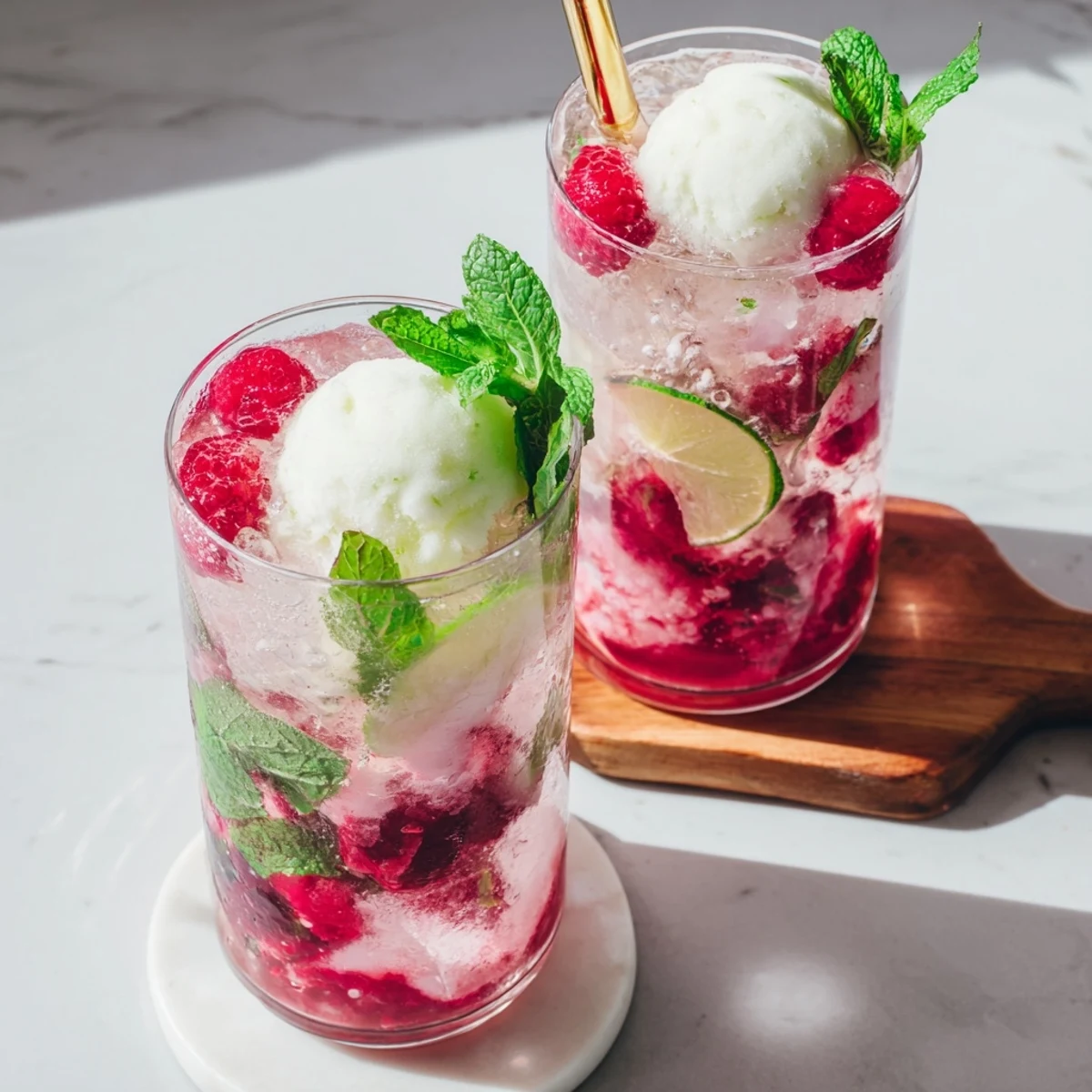 Raspberry Mint Mojito Rebel Float featuring fresh berries and creamy vanilla ice cream in tall glasses