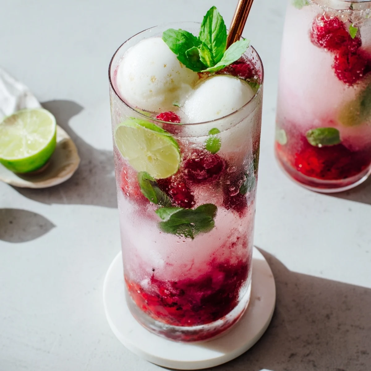 Summer dessert drink showcasing raspberry mint mojito rebel float topped with melting ice cream and fresh raspberries
