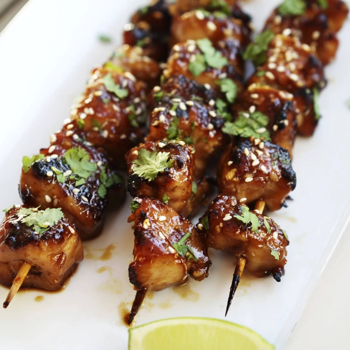 Golden grilled spicy honey garlic chicken skewers glazed with sticky sweet marinade and fresh cilantro garnish on a white serving plate