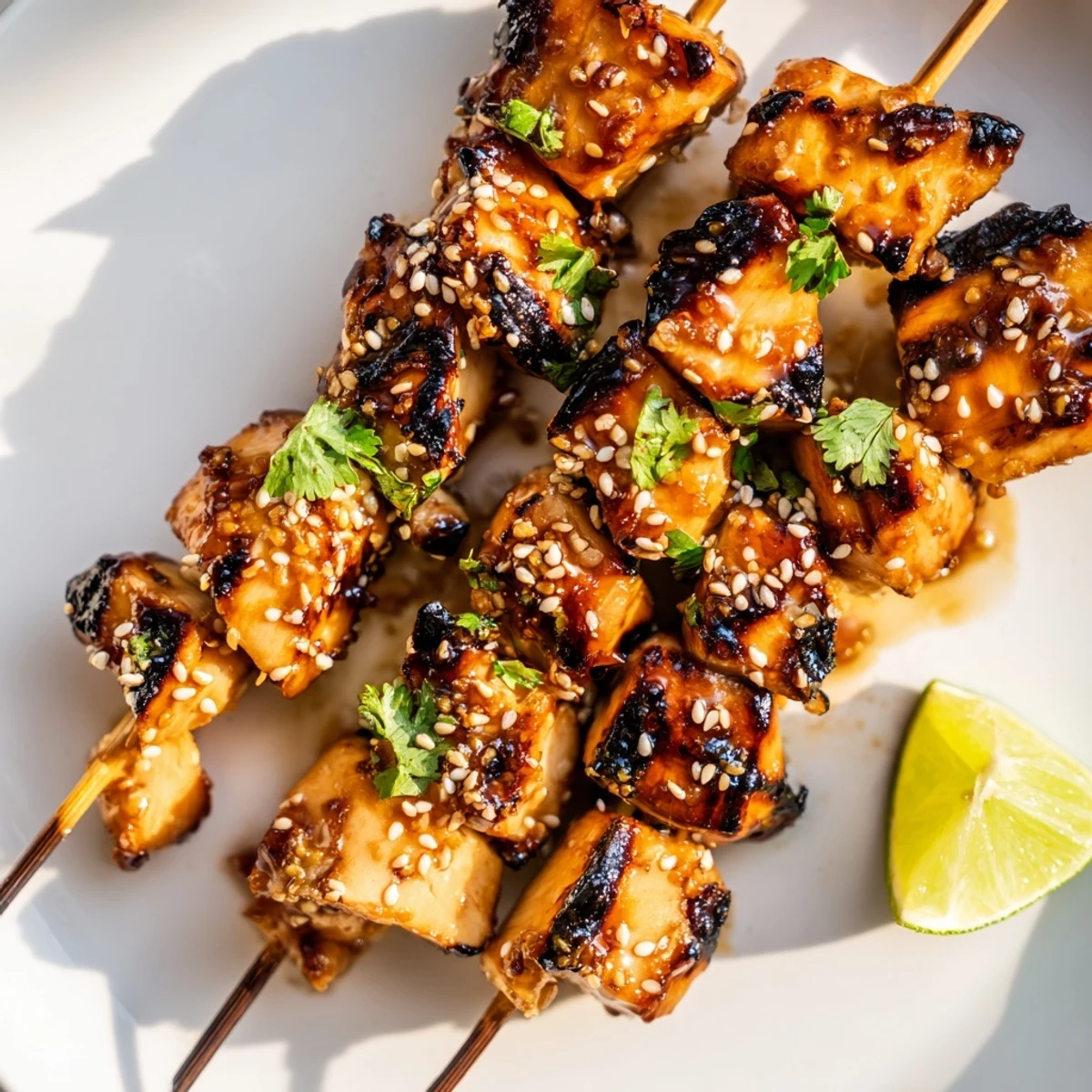 Charred chicken kebabs basted in honey garlic chili sauce arranged on a wooden board with lime wedges and sesame seeds