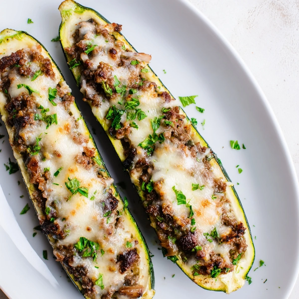Golden beef tenderloin mushroom stuffed zucchini boats topped with melted mozzarella and fresh parsley on a white baking sheet