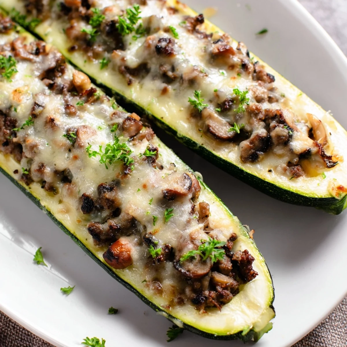 Baked zucchini halves filled with savory beef tenderloin and mushroom mixture bubbling with golden Gruyère cheese