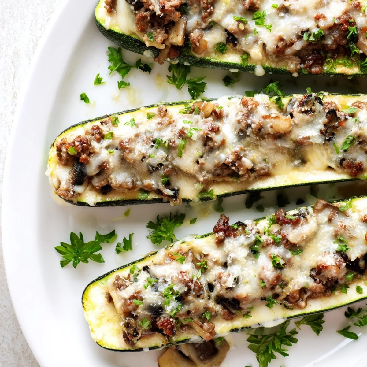 Zucchini boats stuffed with tender beef and mushrooms fresh from the oven garnished with grated Parmesan