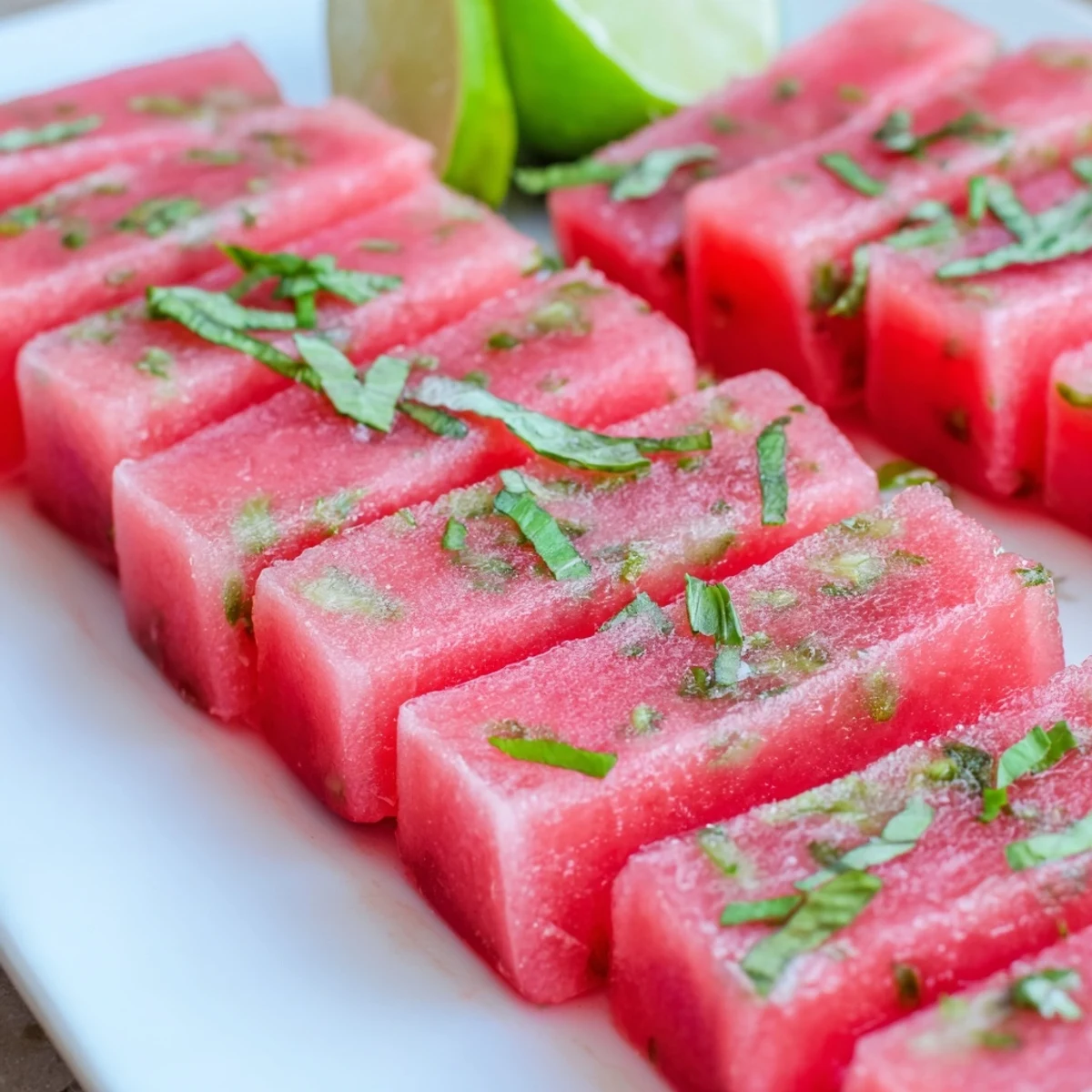 Frozen watermelon lime bars garnished with fresh mint and lime wedges on a white plate