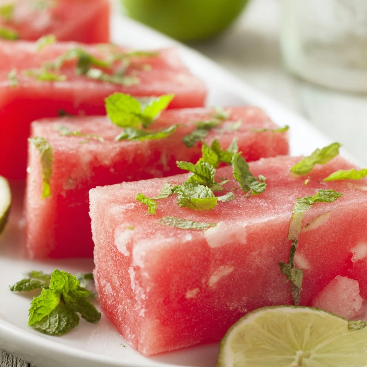 Refreshing frozen watermelon lime bars cut into squares with vibrant pink color and green mint topping