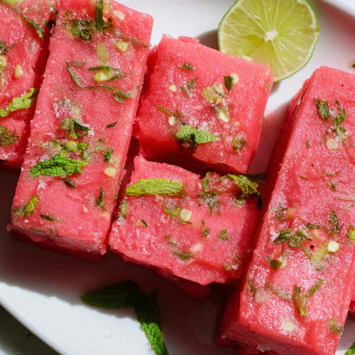 Summer dessert of frozen watermelon lime bars with zesty lime zest and fresh mint sprinkled on top