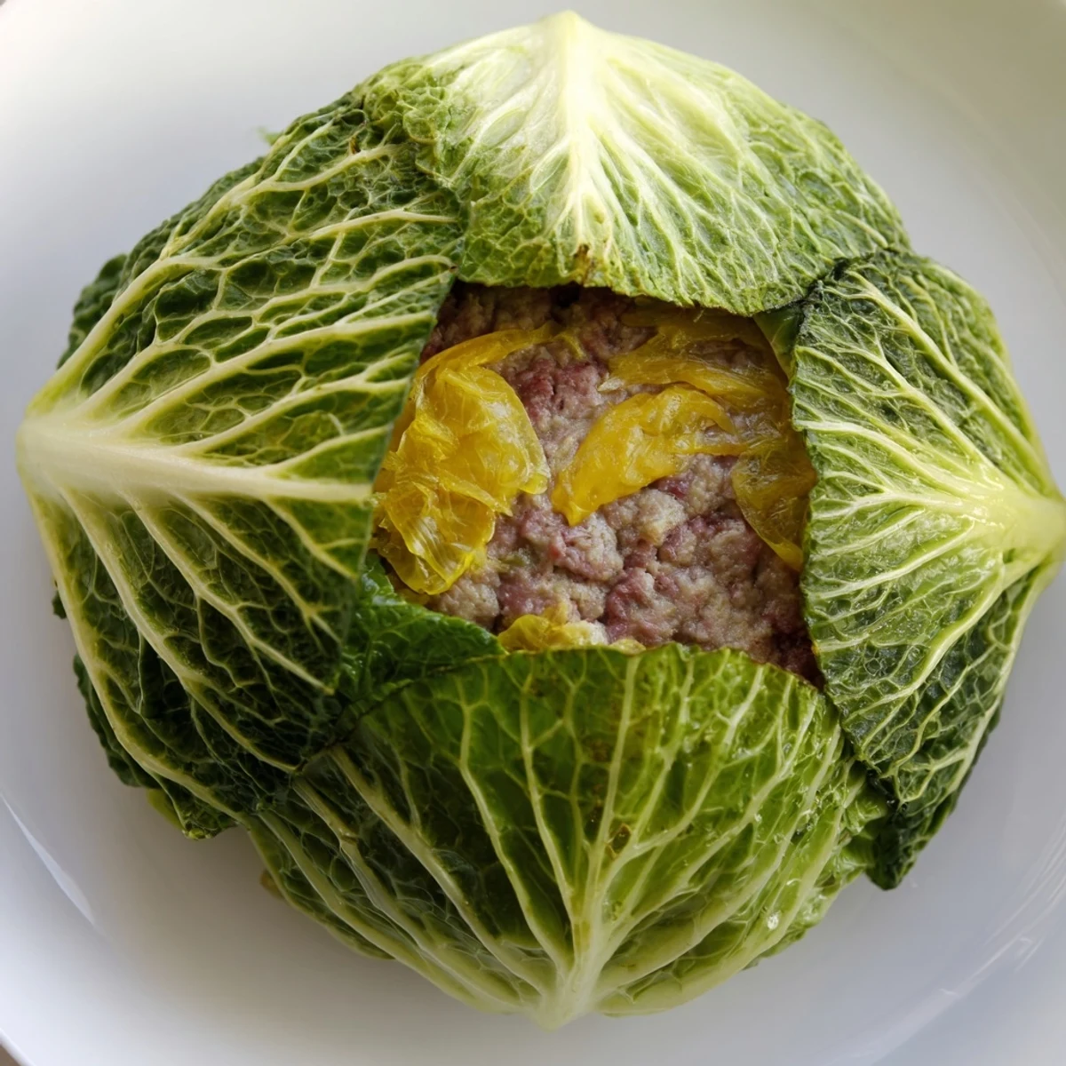 Juicy ground beef patty nestled inside blanched cabbage leaves after baking to golden perfection