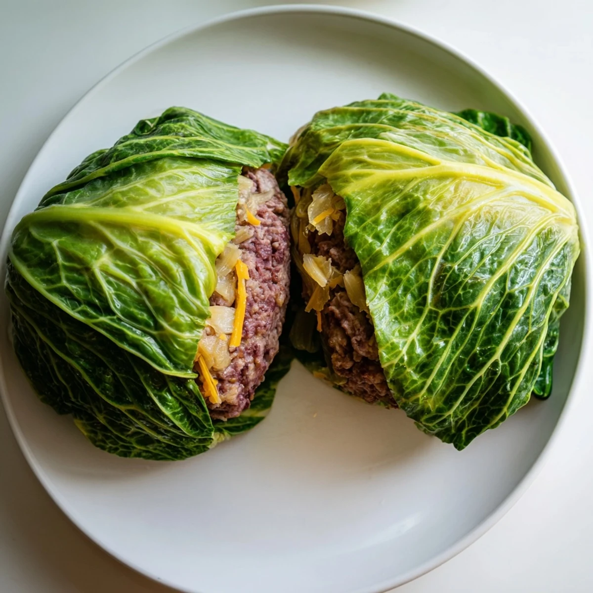 Golden brown oven baked cabbage burger wrapped in tender green leaves on a white baking sheet