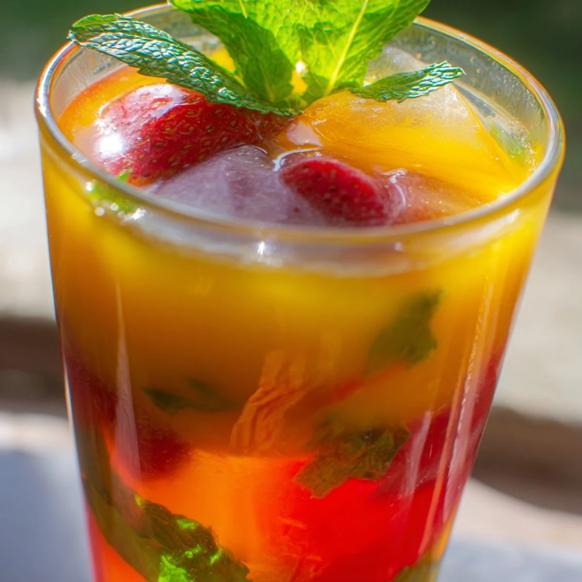 Golden mango strawberry lemonade with ice cubes, fresh mint garnish, and floating fruit slices in a clear glass pitcher