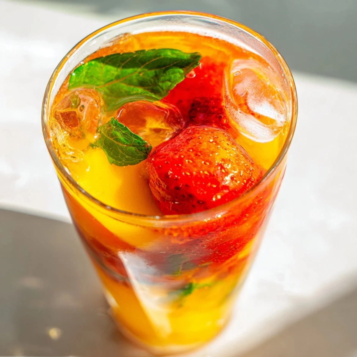 Refreshing mango strawberry lemonade drink garnished with lemon wheels and mint leaves, served over ice on a sunny day