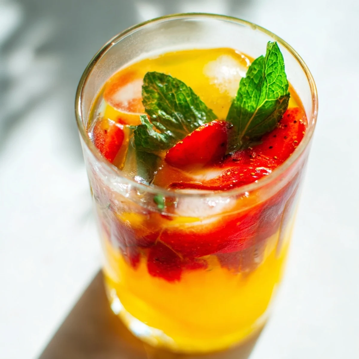 Vibrant orange and pink mango strawberry lemonade poured into glasses with ice, topped with fresh fruit garnish
