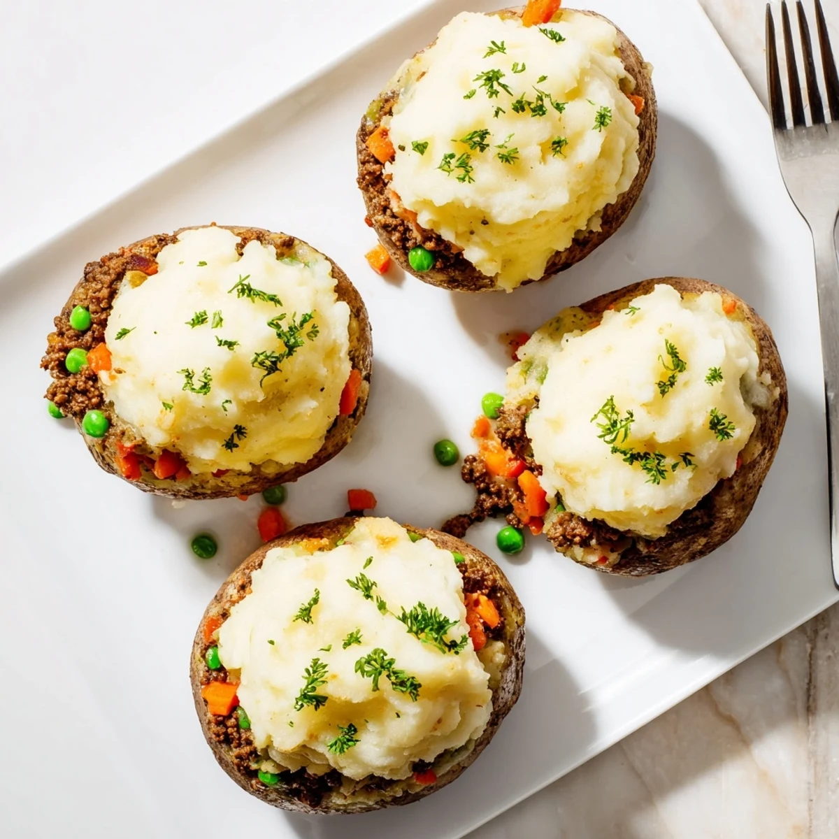 Golden-topped Shepherd's Pie baked potato filled with savory lamb and vegetable gravy