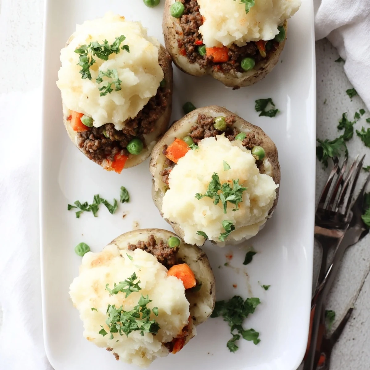 Crispy Shepherd's Pie stuffed potato featuring rich meat filling and buttery golden mashed crust