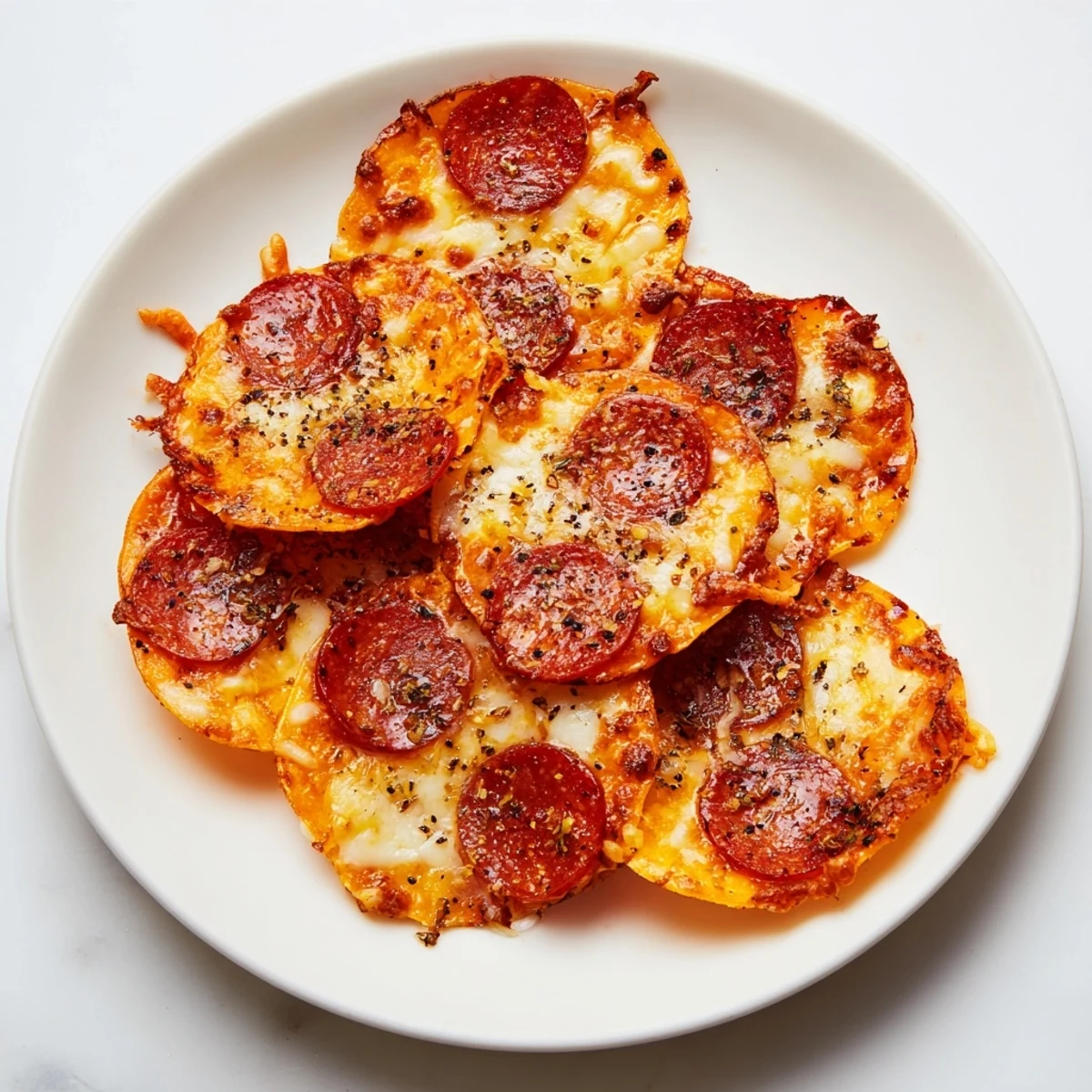 Golden crispy pepperoni cheese chips arranged on a white platter with bubbling melted cheddar and mozzarella