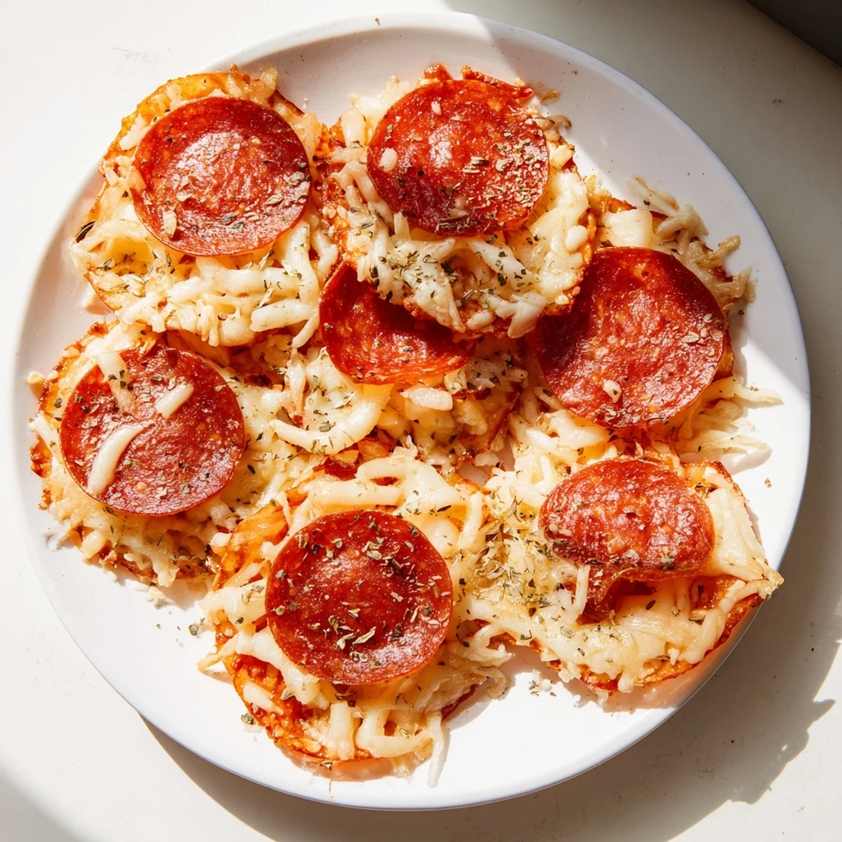 Homemade crispy pepperoni cheese chips cooling on paper towels after oven baking to crunchy perfection