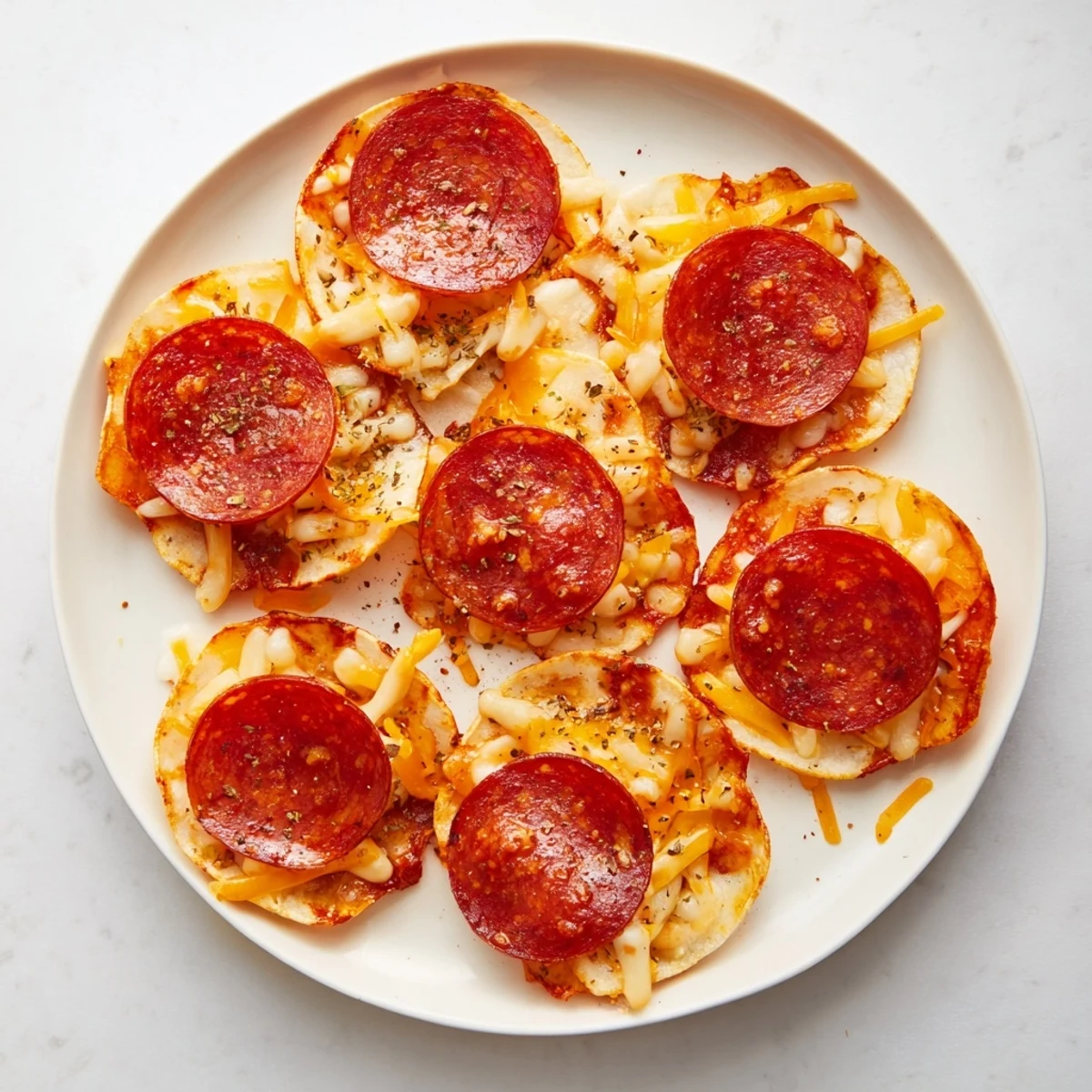 Baked pepperoni slices topped with melted cheese become golden crispy pepperoni cheese chips ready for serving