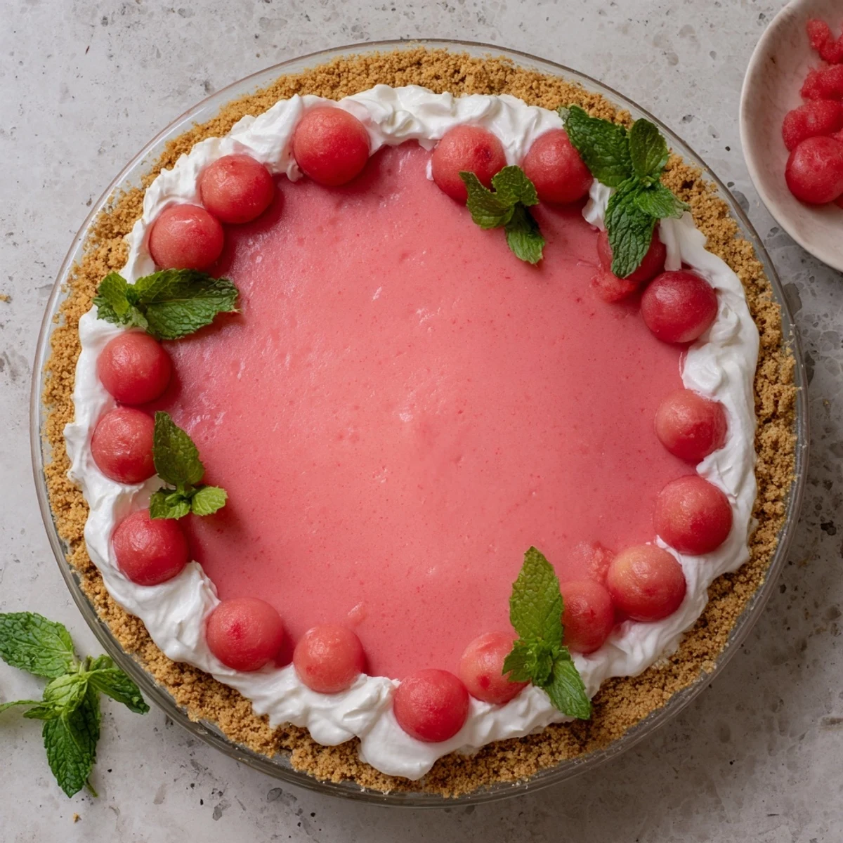 Chilled watermelon pie with creamy pink filling in a graham cracker crust, topped with fresh watermelon slices and mint leaves