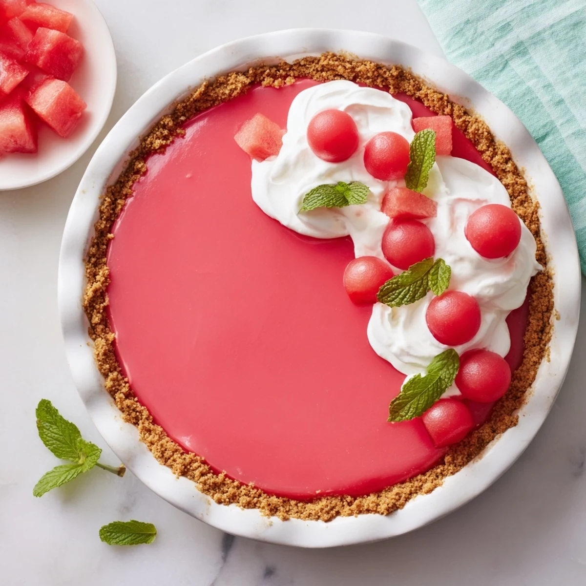 Homemade watermelon pie dessert with vibrant red filling set in buttery graham crust, garnished with fresh watermelon balls