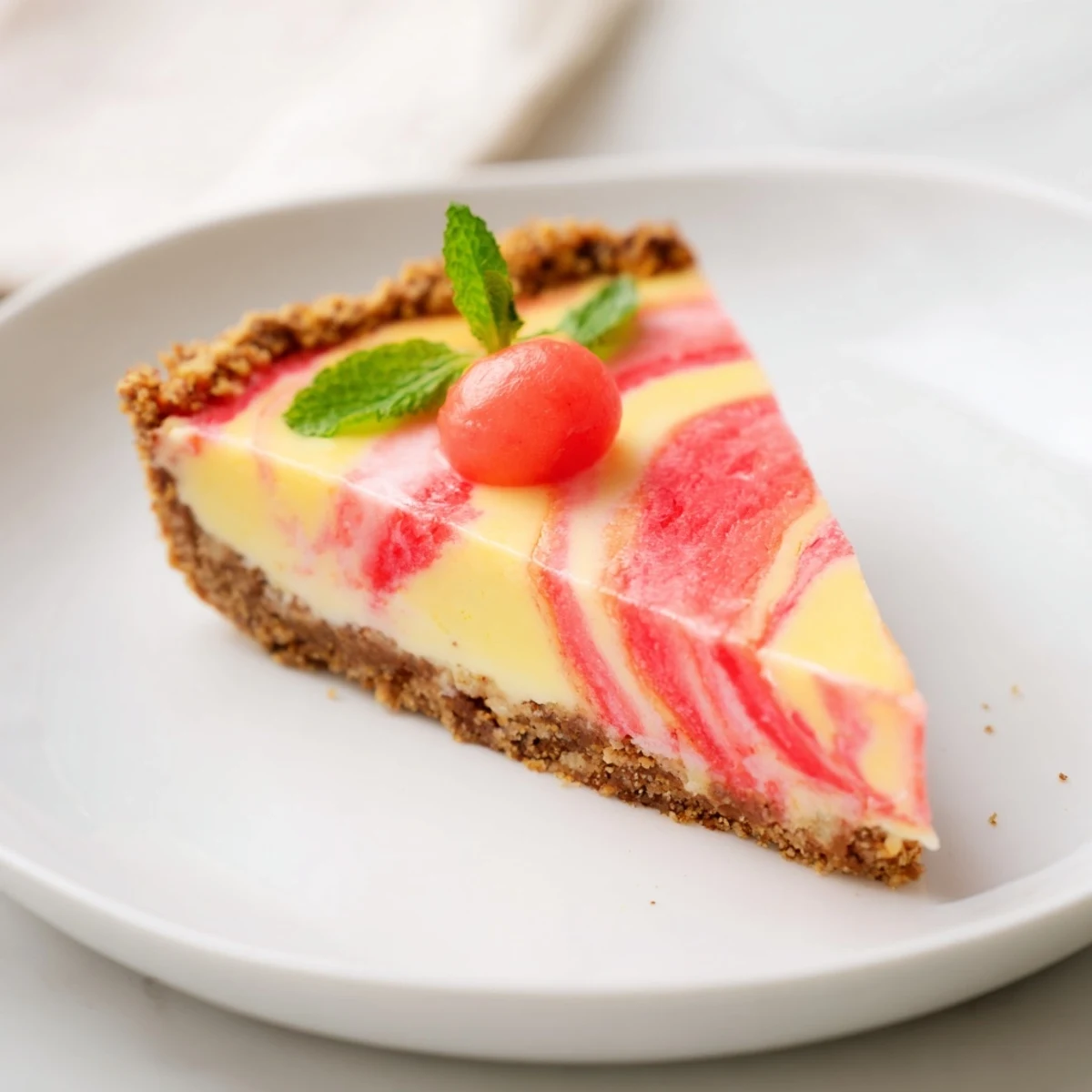 Frozen watermelon lemon cream tarts in crisp graham shells garnished with fresh mint and watermelon balls