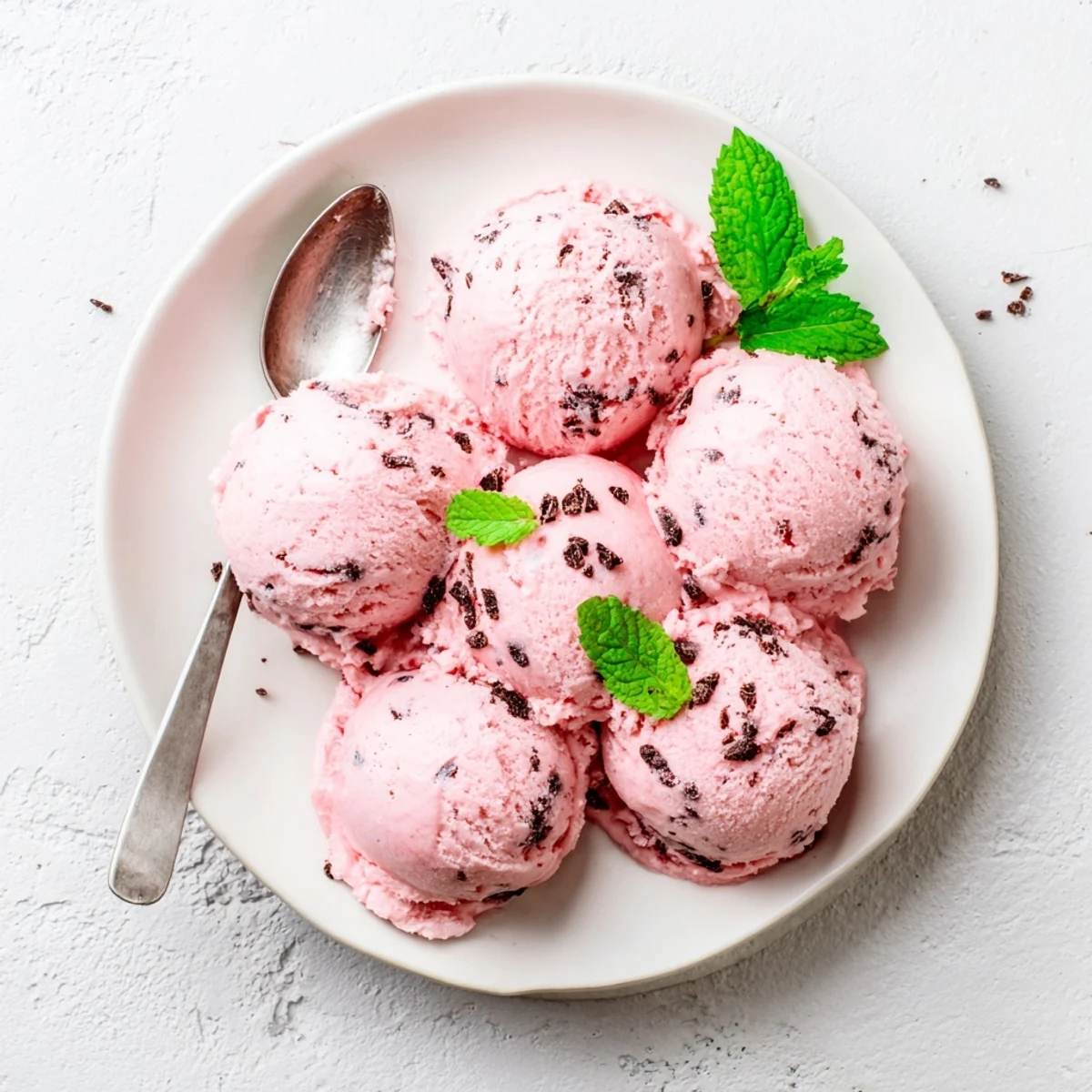 Creamy homemade watermelon ice cream scooped into a bowl with fresh mint garnish