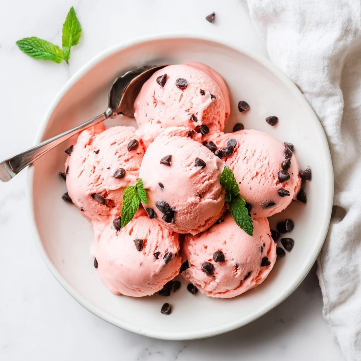 Pink watermelon ice cream swirls in a chilled glass bowl topped with lime wedge