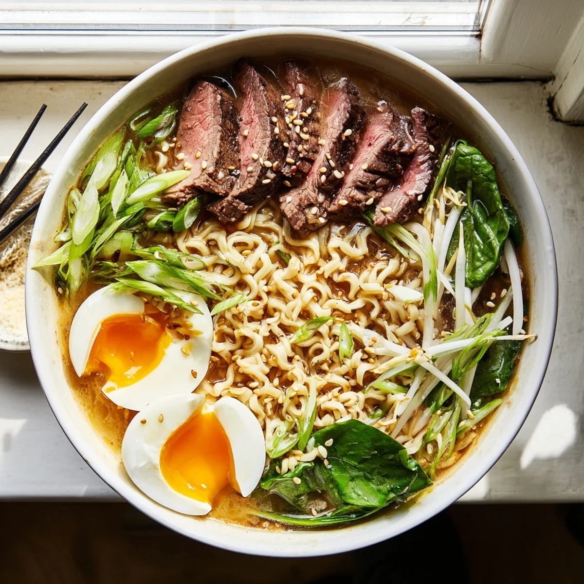 Steaming bowl of spicy beef ramen with creamy garlic sauce drizzled over tender noodles and soft-boiled eggs