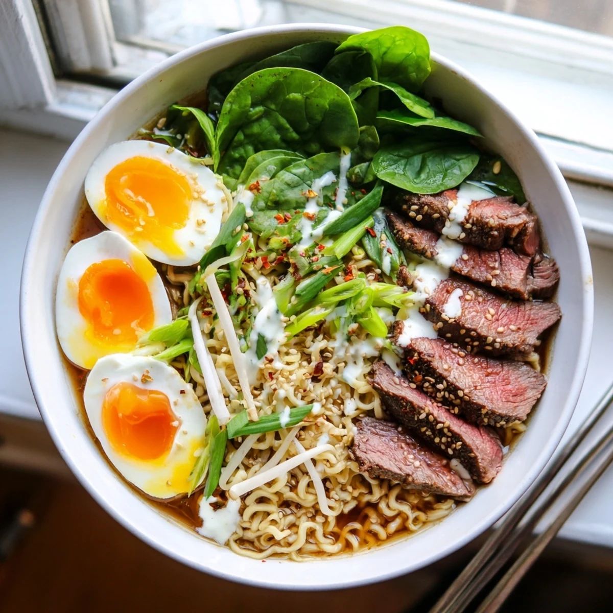 Japanese fusion ramen featuring seared spicy beef slices in rich broth topped with creamy garlic sauce and fresh green onions
