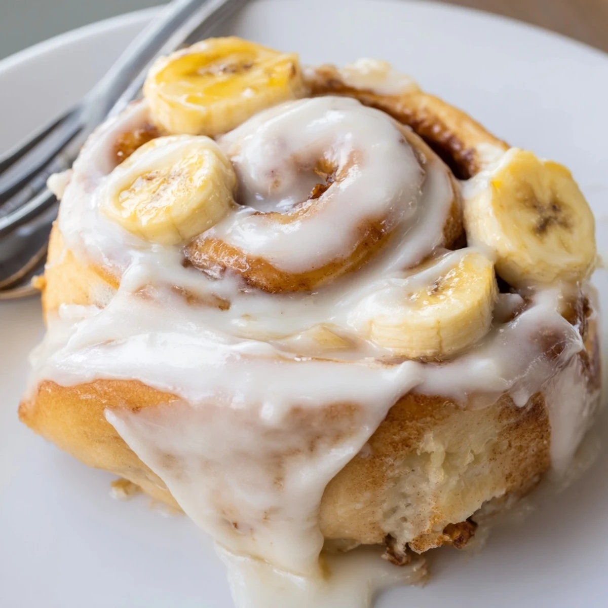 Freshly baked banana cinnamon rolls with cream cheese glaze drizzled over golden swirled pastry