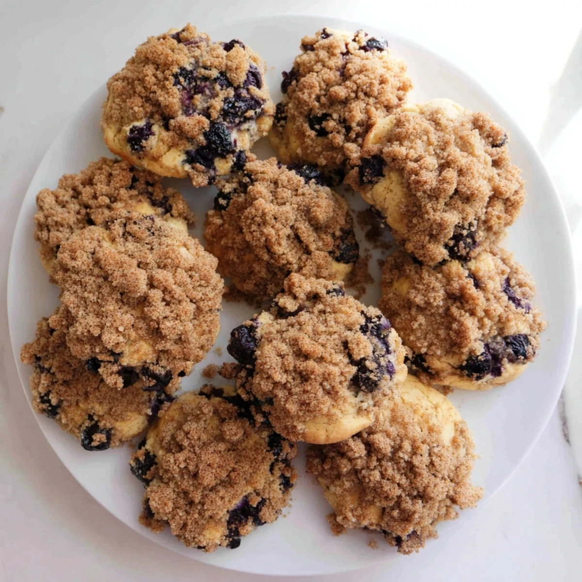 Soft blueberry muffin cookies topped with buttery cinnamon streusel on a white plate