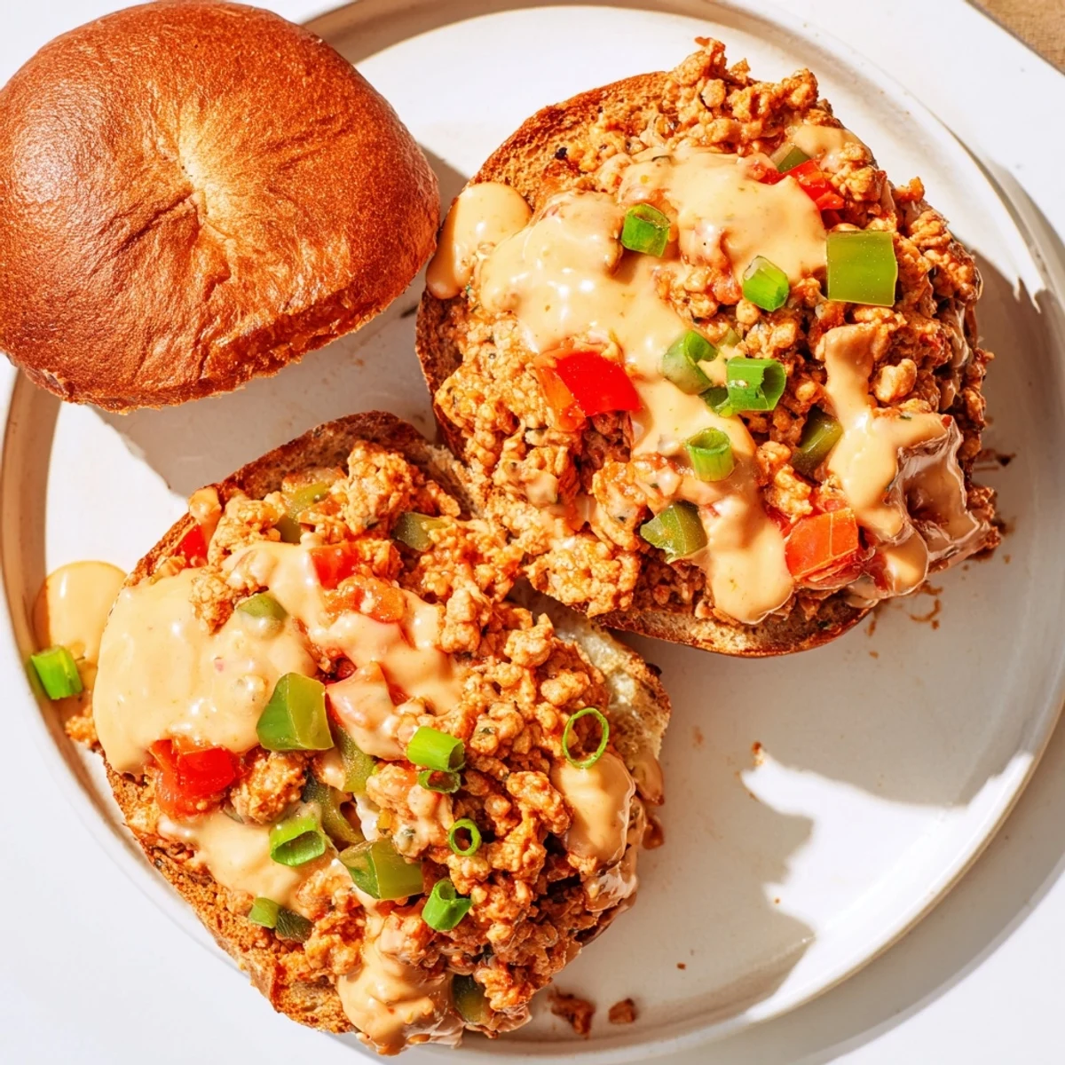 Spicy Cajun chicken sloppy jones topped with rich melted cheddar sauce on toasted brioche buns