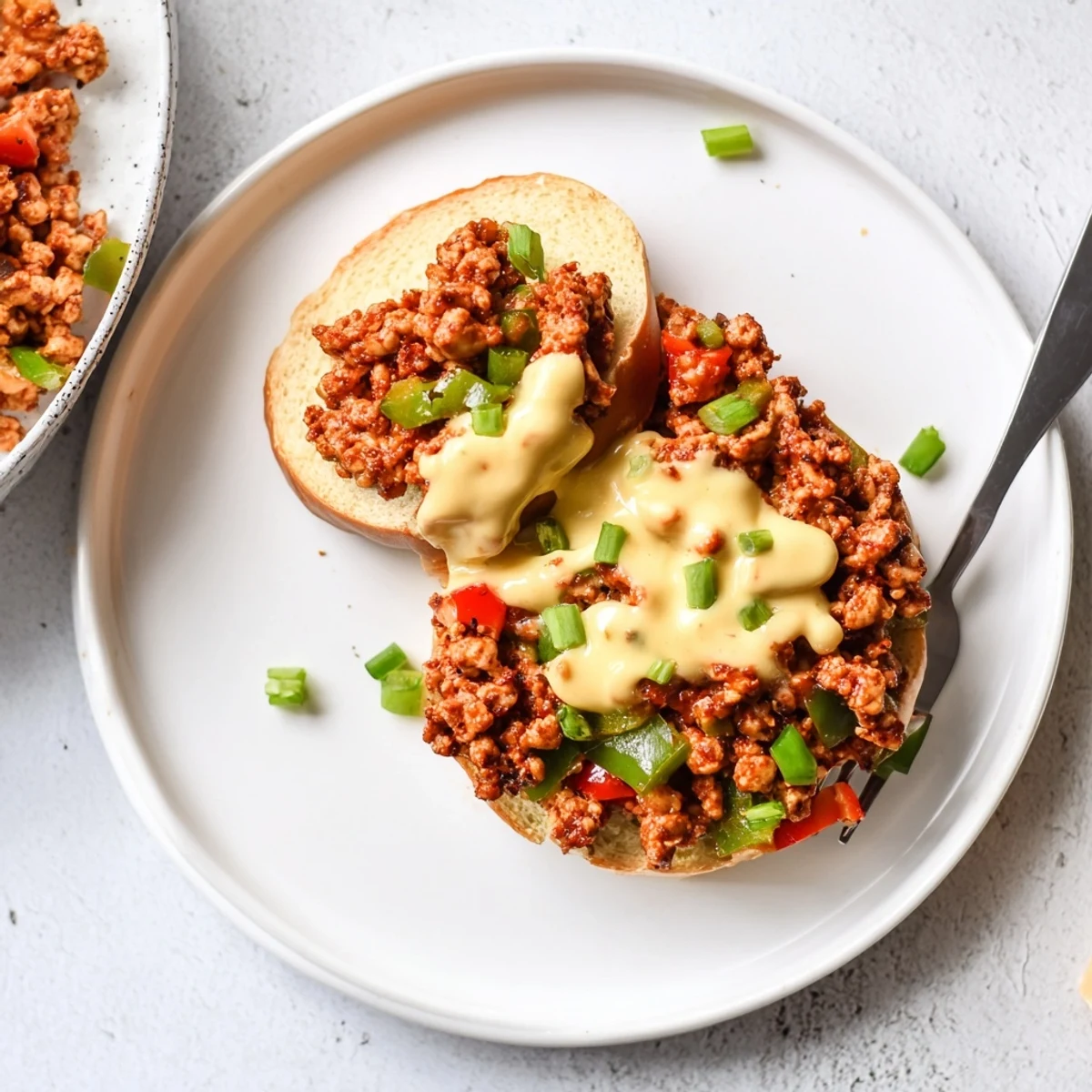 Golden Cajun-seasoned ground chicken mixture piled onto soft hamburger buns drizzled with creamy homemade cheese sauce
