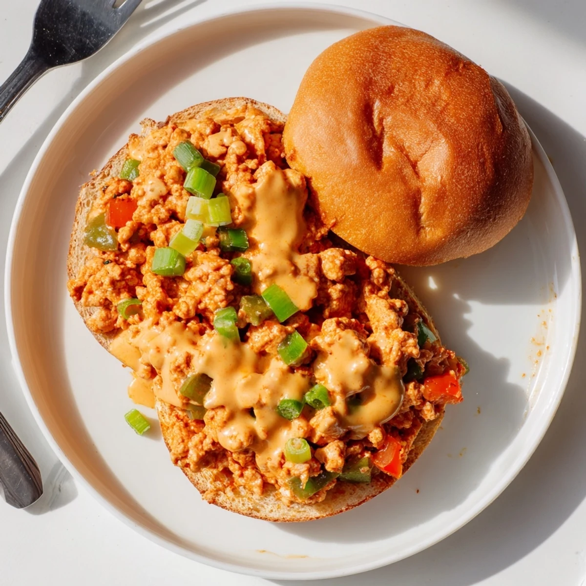 Hearty Cajun chicken sloppy joes with vibrant peppers and onions smothered in velvety cheese sauce