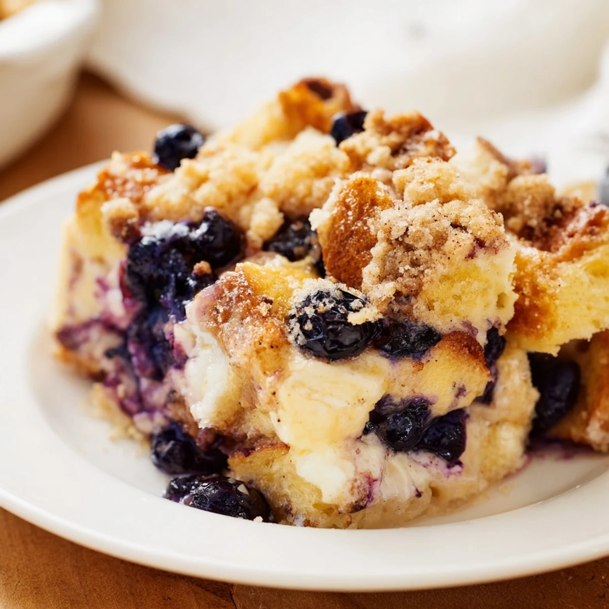 Creamy custard-soaked bread layered with blueberry cream cheese filling in this breakfast casserole