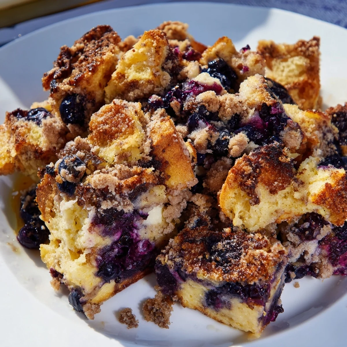 Golden baked Blueberry Cream Cheese French Toast Casserole topped with cinnamon streusel and fresh berries
