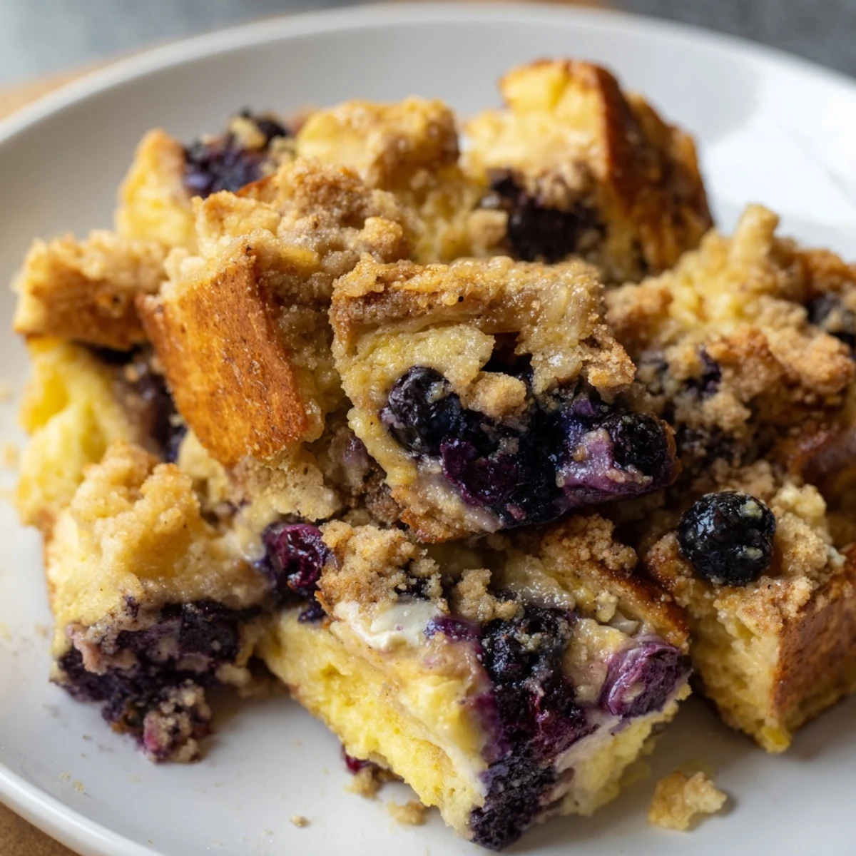 Sliced Blueberry Cream Cheese French Toast Casserole showing golden edges and juicy fruit interior